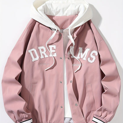 Veste universitaire bicolore blanche et marron pour homme avec capuche et inscription "DREAMS"
