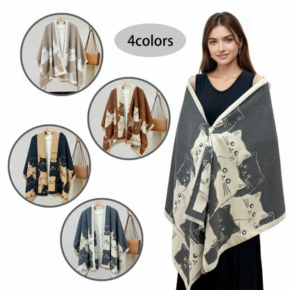 Châle Poncho Femme Réversible à Motifs Chats Mignon Imprimé - Couverture Douce Élégante