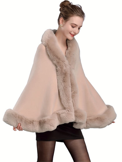 Cape poncho femme ample avec col et bordures en fausse fourrure pour hiver élégant