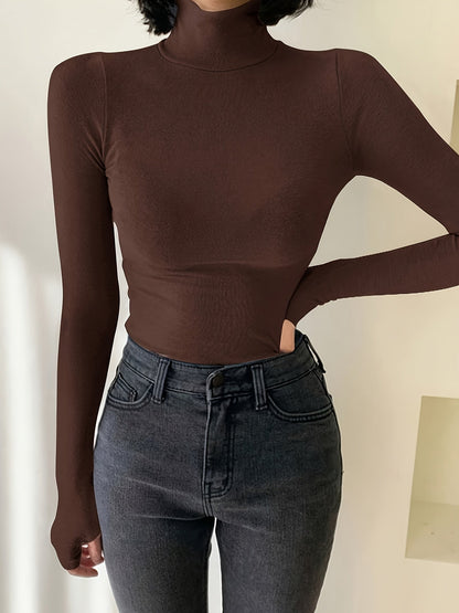 T-shirt Femme Col Roulé Manches Longues avec Trous pour Pouces Chaud Doux Couleur Unie