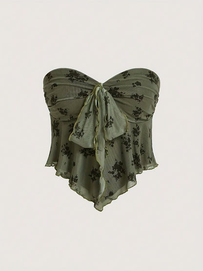 Top bustier femme élégant à fleurs volantées pour sorties et soirées