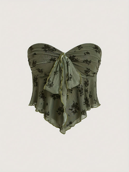Elegant blommig bustier med volanger för kvinnor, perfekt för utflykter och kvällar