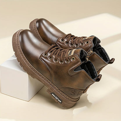 Bottes montantes homme marron foncé lacets, fermeture éclair latérale, semelle épaisse