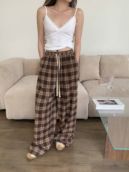 Pantalon de Pyjama Femme Carreaux Marron et Beige Ample avec Cordon