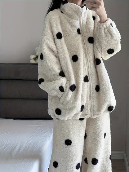 Pyjama Femme Doux Polaire Motif Pois Manches Longues Zip Intégral