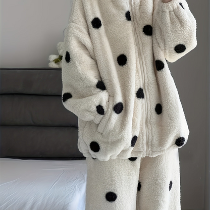 Pyjama Femme Doux Polaire Motif Pois Manches Longues Zip Intégral