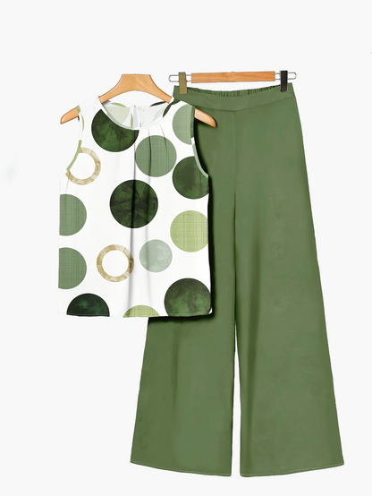 Completo casual donna – Outfit chic tropicale con motivo fogliame, stile ampio ideale per estate e vacanze