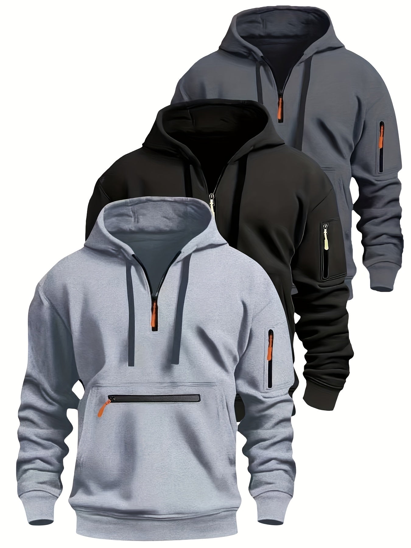 Sweat à Capuche Homme Zippé Mi-long avec Poche Kangourou et Manches Zippées
