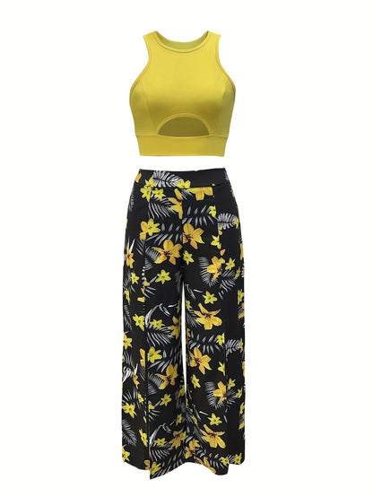 Damesensemble met lange rok met split en tropische print en elegante cropped top voor de zomer