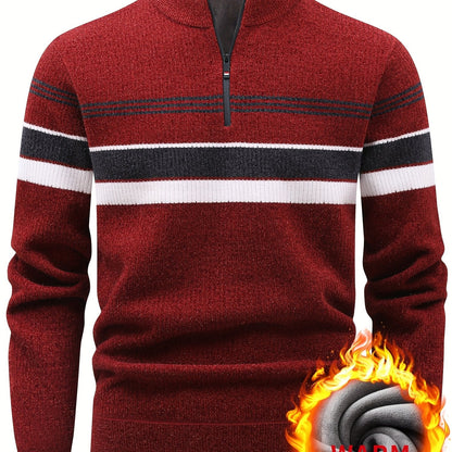 Pull Homme Col Montant Zippé Rayures Horizontales Beige Chaud