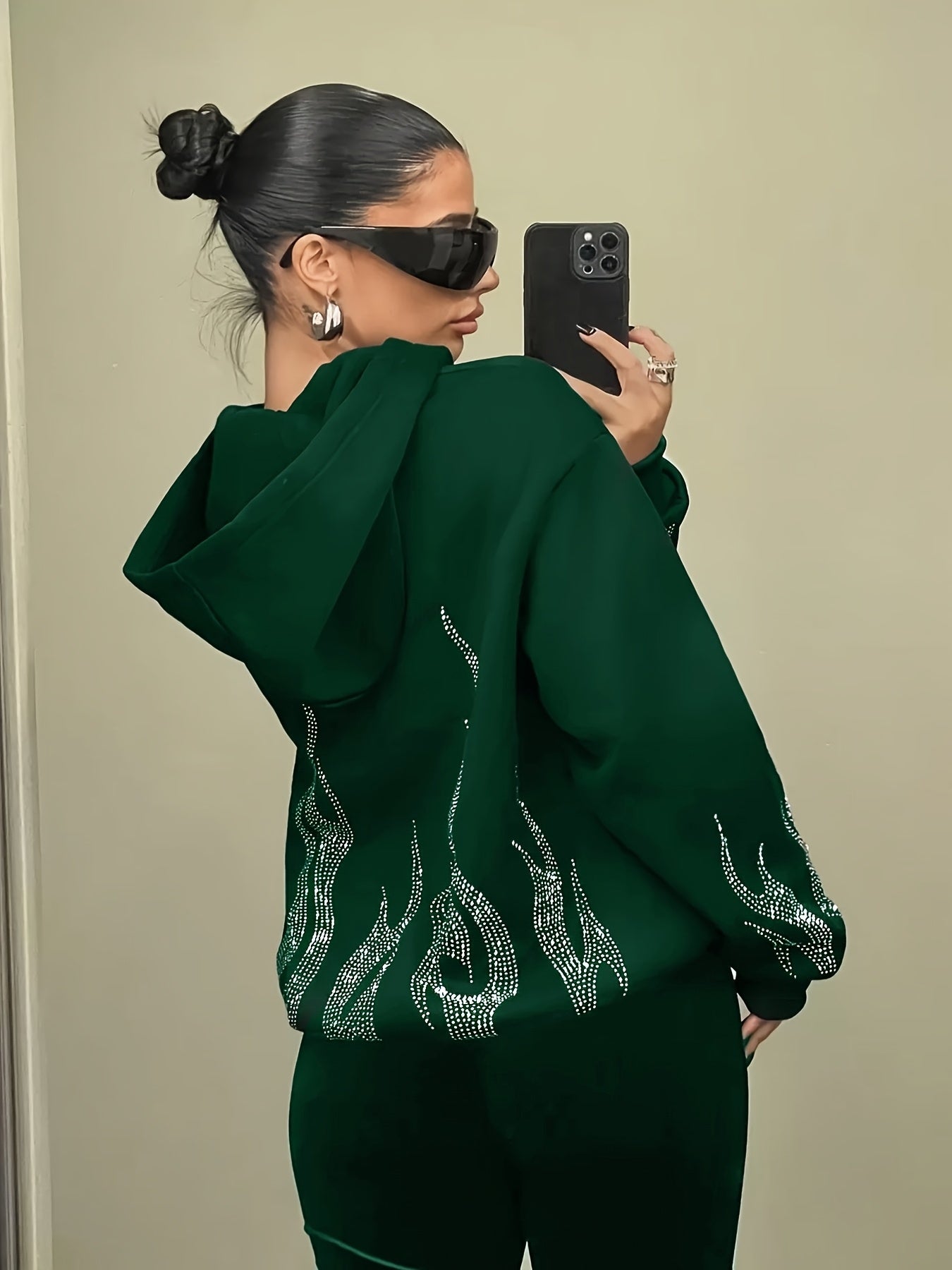 Sweat à Capuche Femme Décontracté Noir Flammé Strass Manches Longues