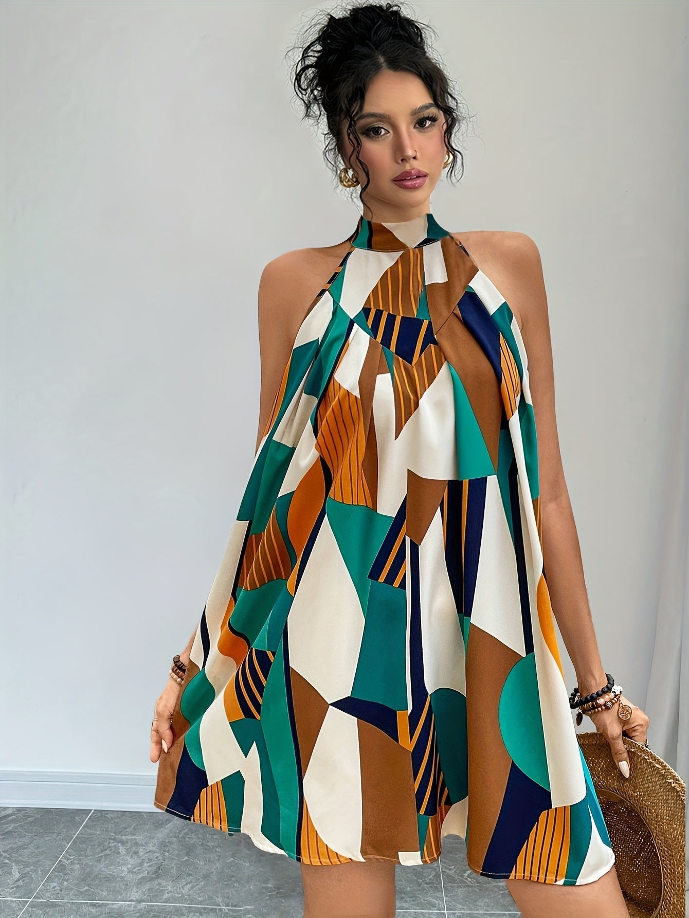 Abito a trapezio elegante con stampa artistica da donna, stile estivo casual