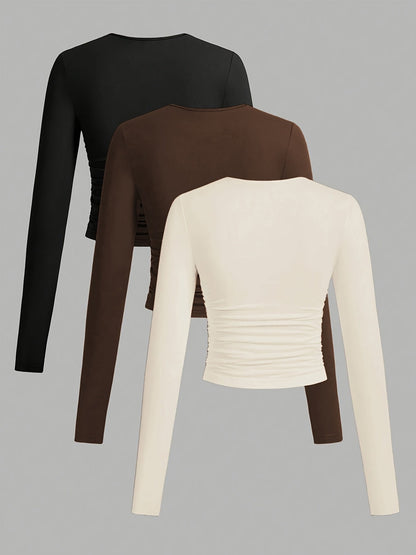 Lot de 3 Crop Tops Femme Manches Longues Col Rond Froncé