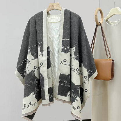 Châle Poncho Femme Réversible à Motifs Chats Mignon Imprimé - Couverture Douce Élégante