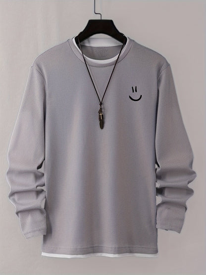 Pull homme texturé gaufré manches longues imprimé smiley col rond