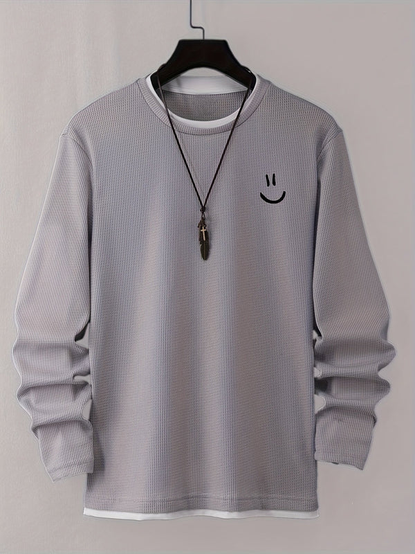 Men's textured waffle-knit long-sleeve smiley-print crew-neck sweater