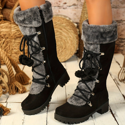 Bottes Femme Noires Mi-Mollet Effet Daim avec Doublure Fourrure Grise et Lacets Décoratifs
