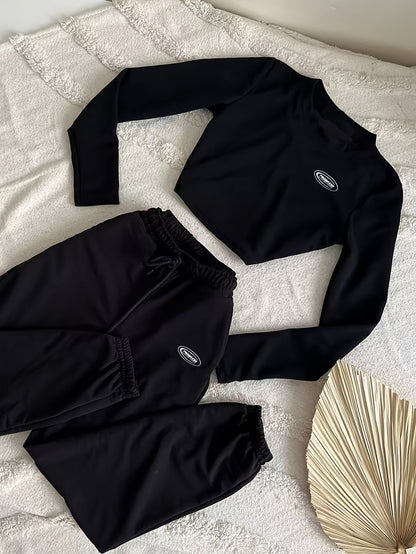 Ensemble Crop Top Manches Longues et Pantalon de Jogging Noir pour Femme, avec Cordon de Serrage