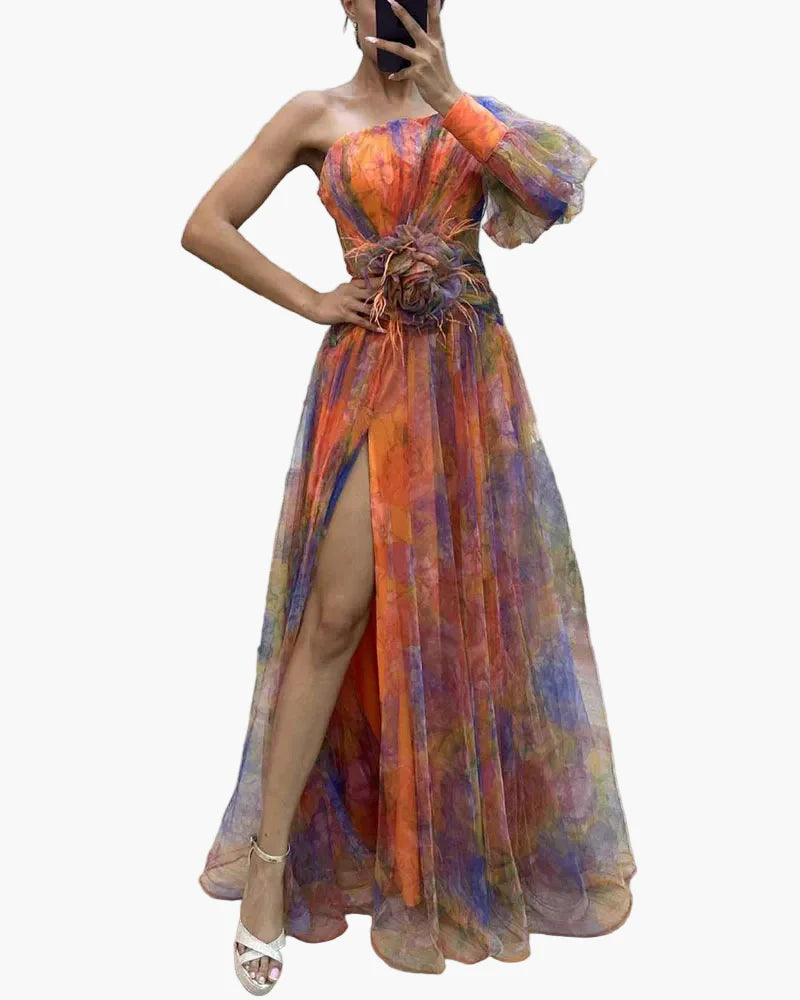 Robe longue élégante femme style soirée à une épaule avec fente et volant tendance