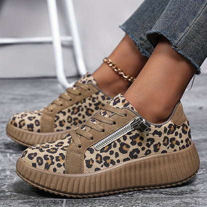 Baskets Femme Léopard Mode à Lacets avec Plateforme et Fermeture Éclair - Style Urbain Décontracté