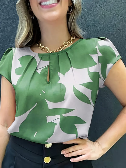 Elegant blus för kvinnor med abstrakt mönster, korta ärmar, chic stil för kontoret och utflykter