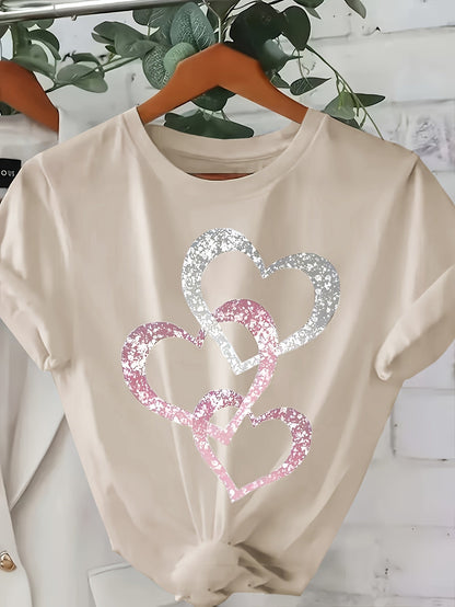 Damen-T-Shirt im lässigen Stil mit glitzernden Herzmotiven, kurze Ärmel, ideal für den Sommer  