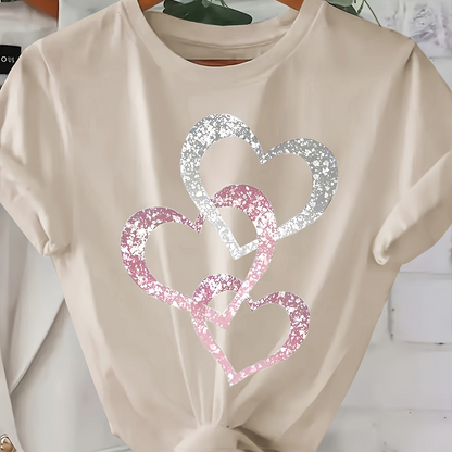 Damen-T-Shirt im lässigen Stil mit glitzernden Herzmotiven, kurze Ärmel, ideal für den Sommer  