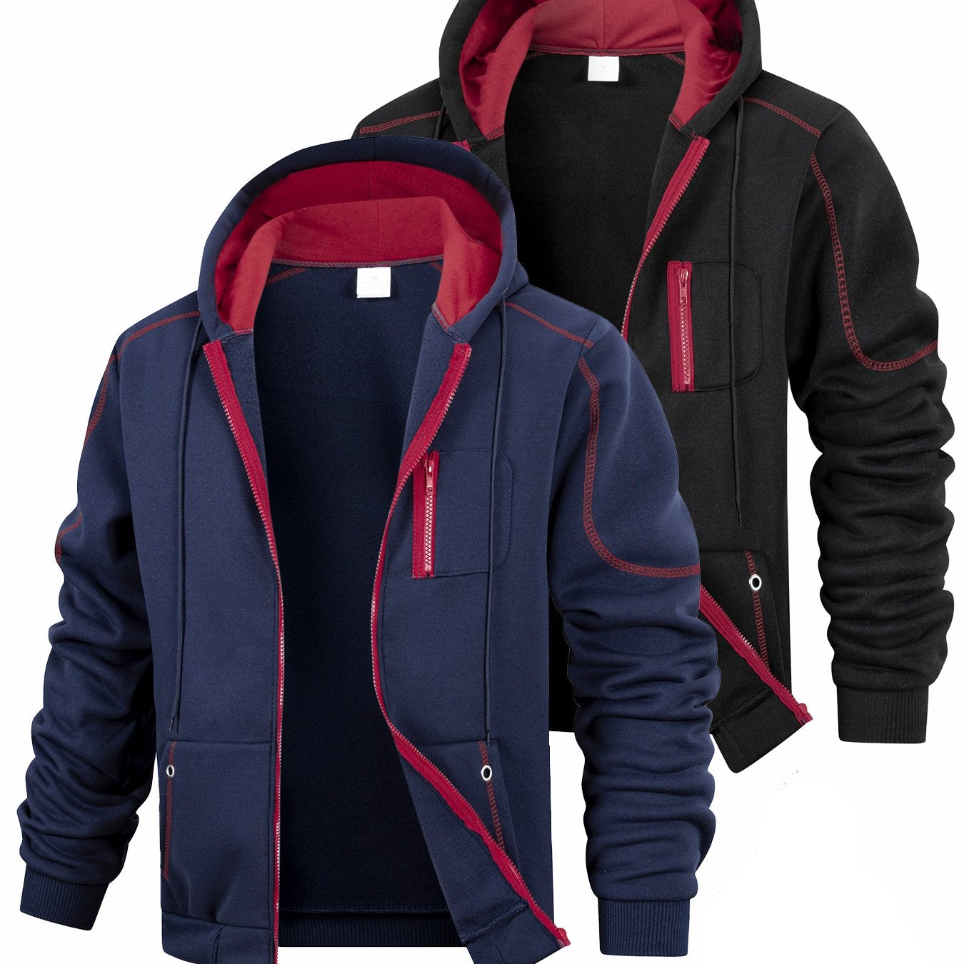 Lot de 2 Hoodies Homme Zippés Bicolores Chauds avec Capuche et Poches