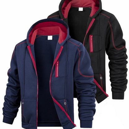 Lot de 2 Hoodies Homme Zippés Bicolores Chauds avec Capuche et Poches