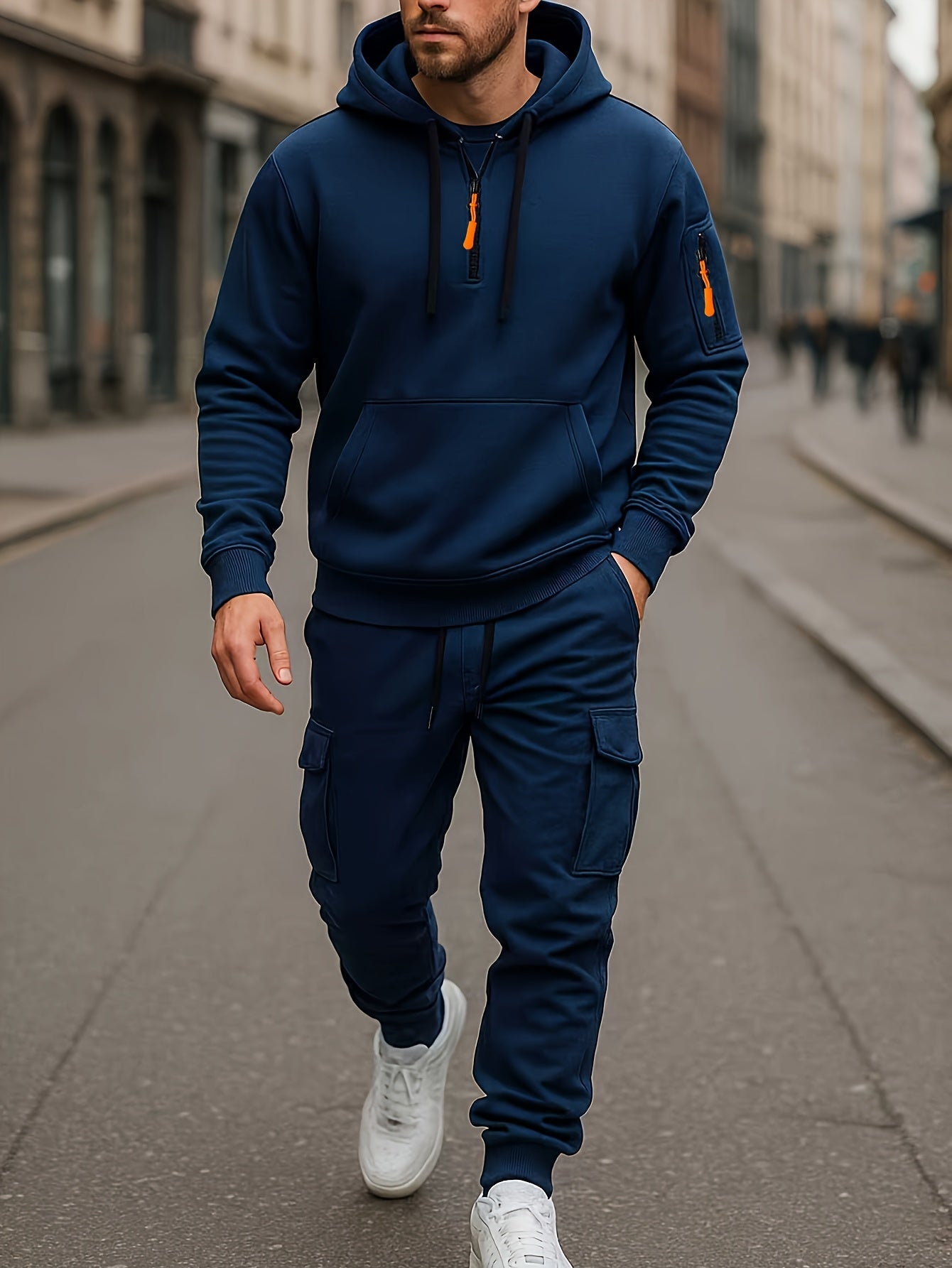 Ensemble Homme Survêtement Capuche et Pantalon Cargo Molletonné Uni