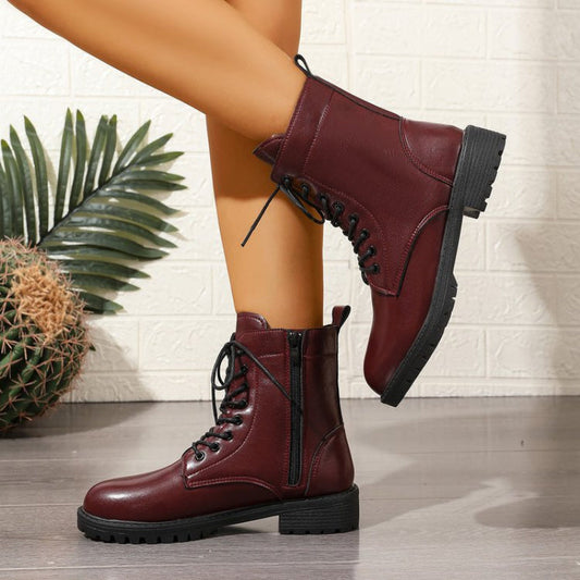 Bottes chelsea femme bordeaux à lacets et fermeture éclair latérale, semelle épaisse