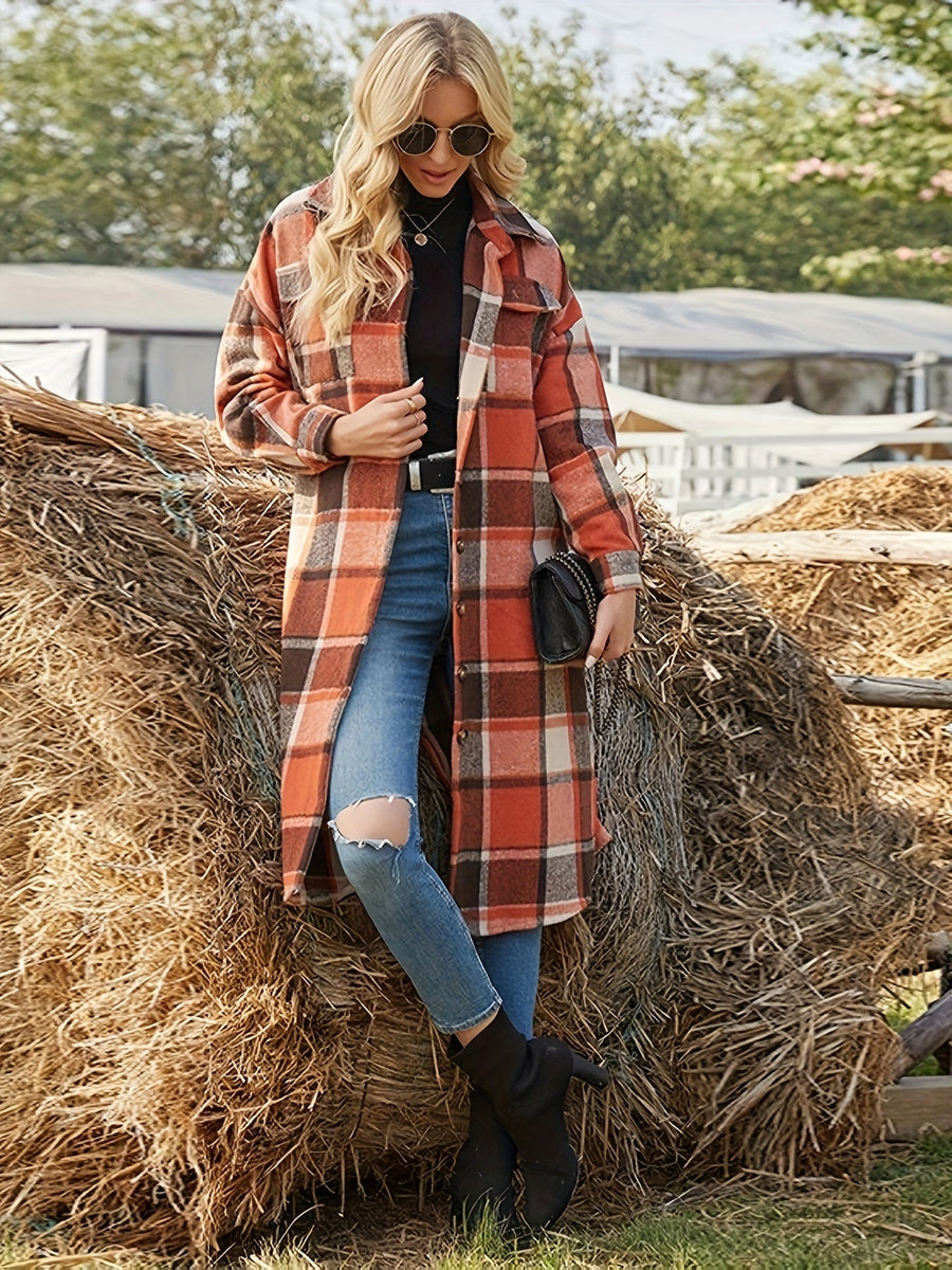 Women's Long Plaid Shirt-Style Coat with Chest Pockets and Relaxed Fit