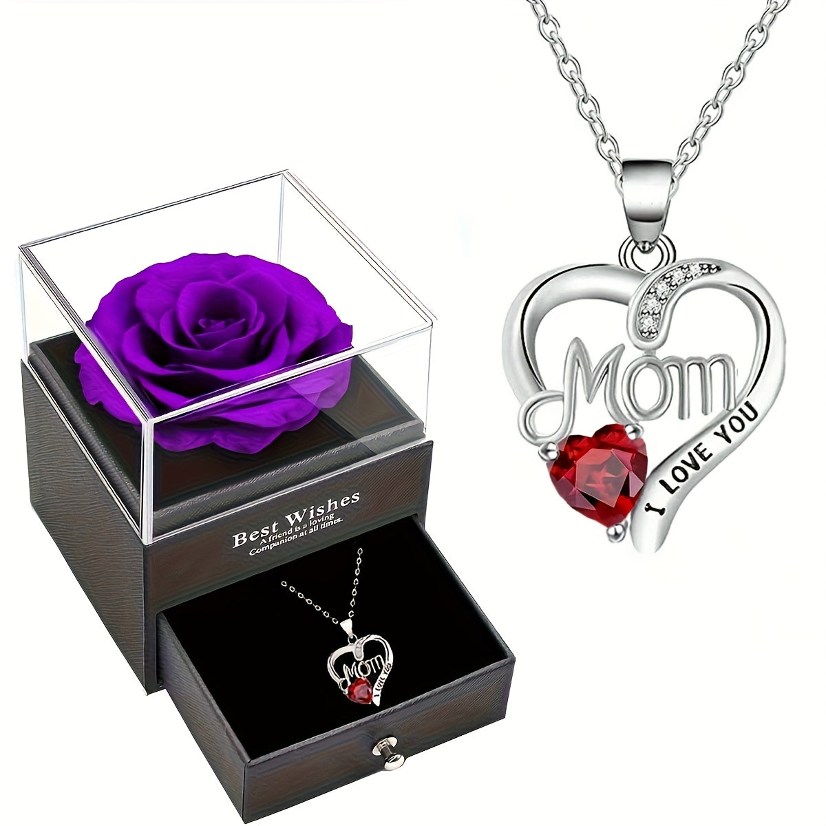 Collier Femme Pendentif Coeur 'Mom' avec Rose Éternelle – Cadeau Élégant pour la Fête des Mères