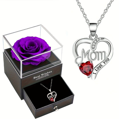Collier Femme Pendentif Coeur 'Mom' avec Rose Éternelle – Cadeau Élégant pour la Fête des Mères