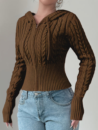 Sweat à capuche Femme tricoté torsadé court avec zip et cordon de serrage