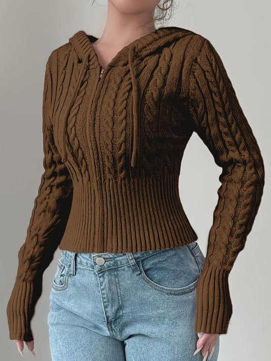 Sweat à capuche Femme tricoté torsadé court avec zip et cordon de serrage