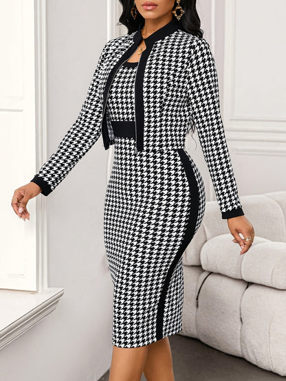 Ensemble jupe mi-longue et veste ouverte à motif pied-de-poule noir et blanc pour femme