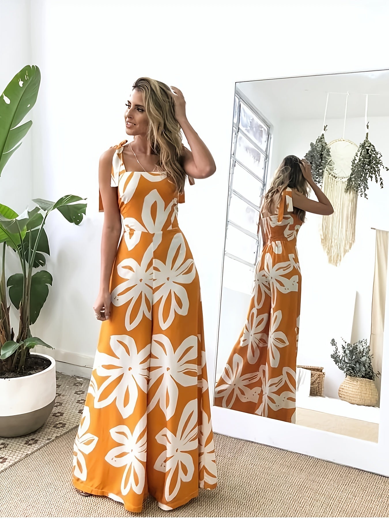 Lang kjole til kvinder i boheme-chic stil med blomsterprint til sommeren