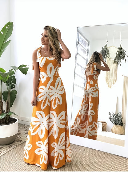 Lang kjole til kvinder i boheme-chic stil med blomsterprint til sommeren