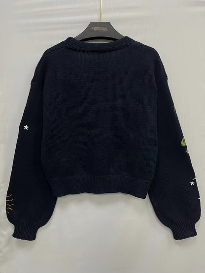 Cardigan court en maille pour femme, col en V, manches longues, motifs soleil et lune brodés