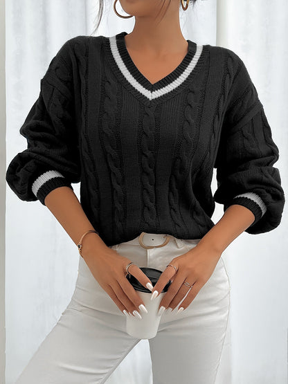 Pull col V torsadé rayé pour femme - Manches longues bouffantes