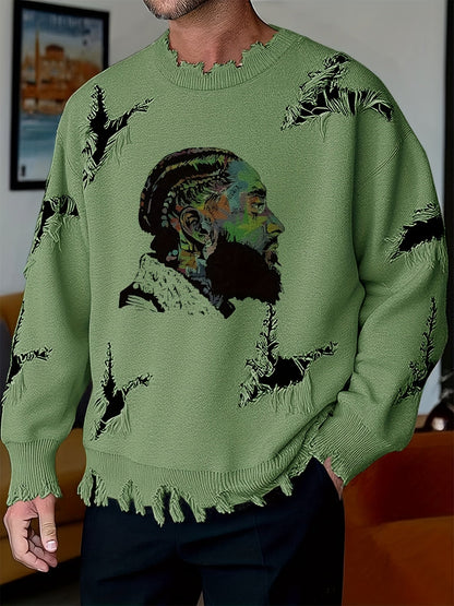 Pull homme décontracté beige à col rond avec motif visage coloré et détails déchirés