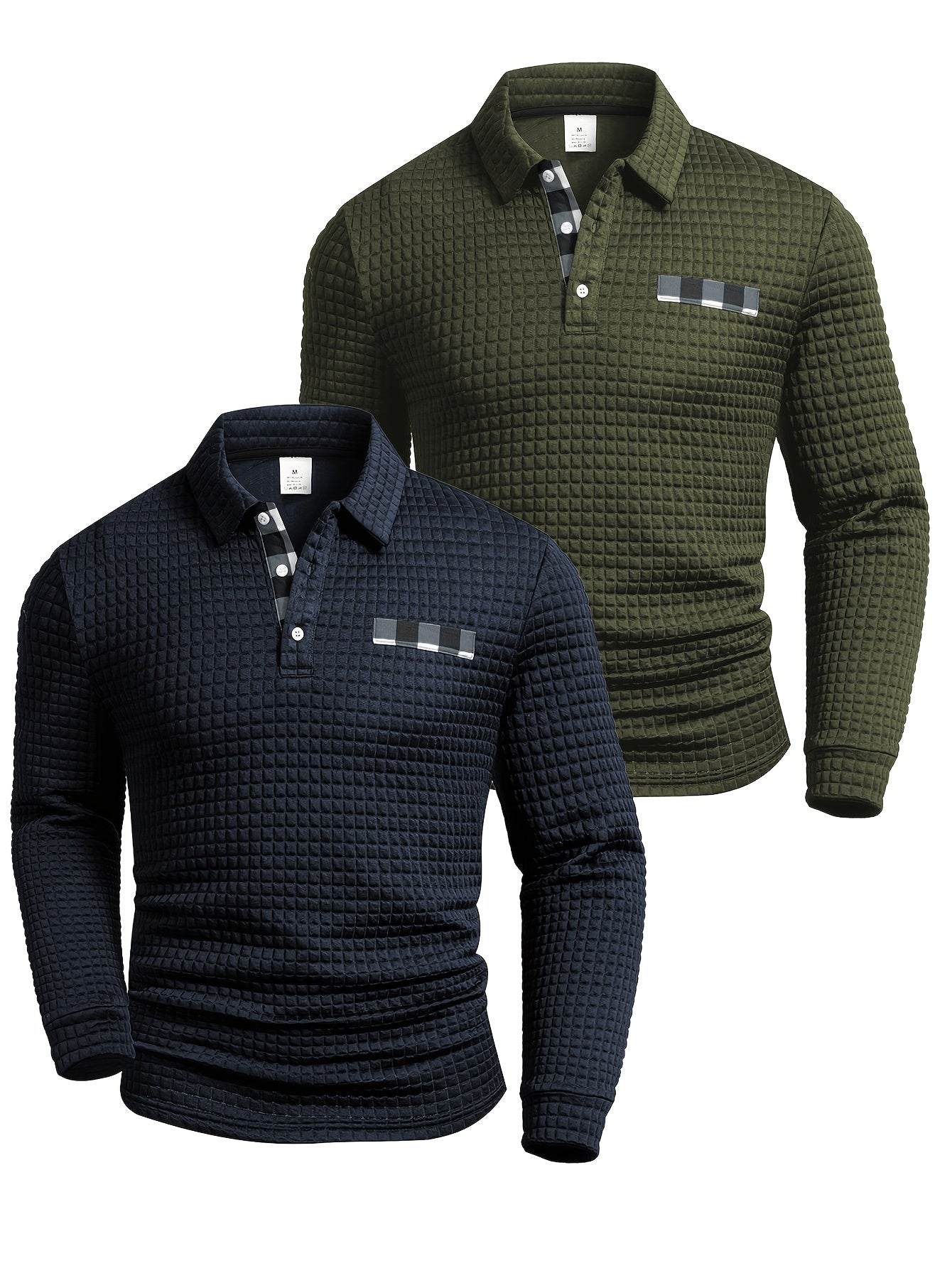 Polo homme à manches longues texturé quadrillé bicolore col chemise