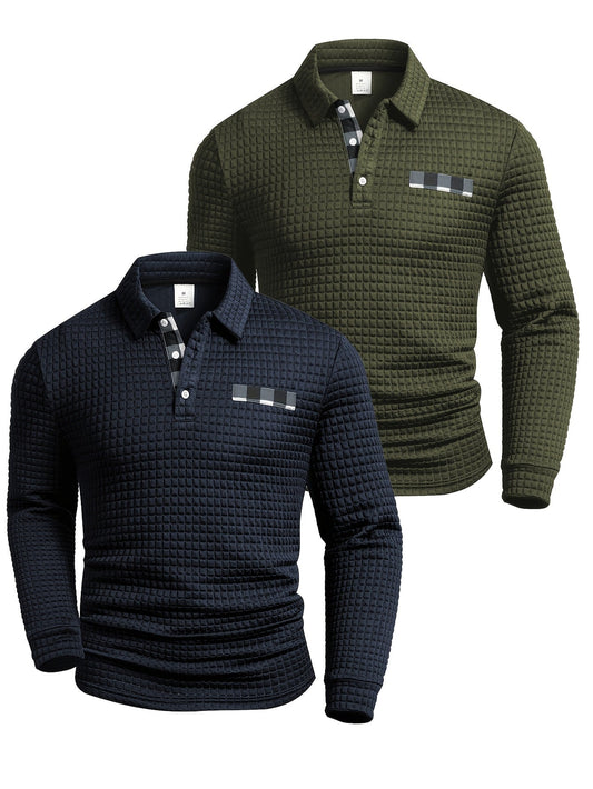 Polo homme à manches longues texturé quadrillé bicolore col chemise