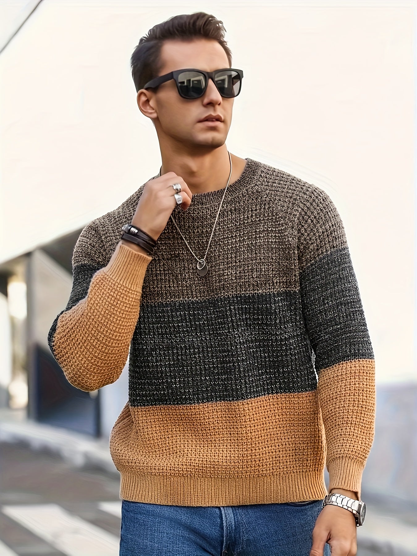 Pull Homme Col Rond Maille Texturée Tricolore Beige Marron Noir