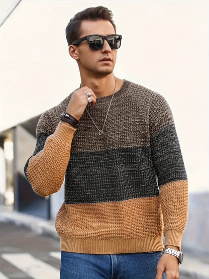 Pull Homme Col Rond Maille Texturée Tricolore Beige Marron Noir