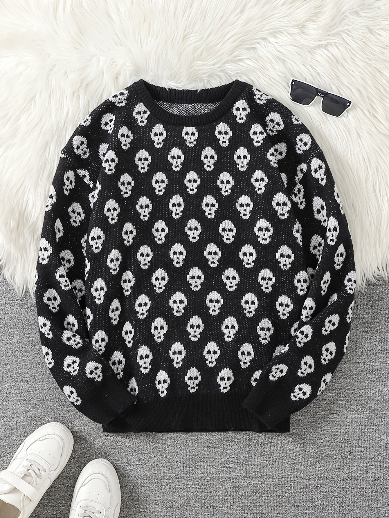 Pull col rond à motif têtes de mort en tricot doux