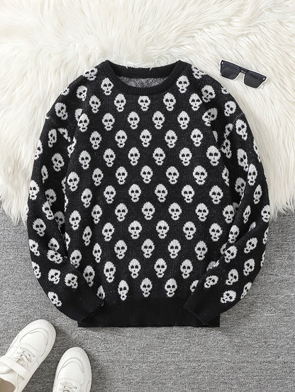 Pull col rond à motif têtes de mort en tricot doux