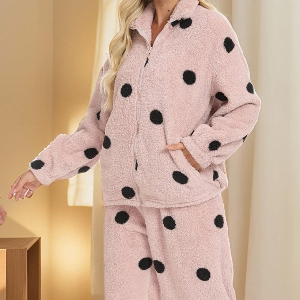 Pyjama Femme Doux Polaire Motif Pois Manches Longues Zip Intégral