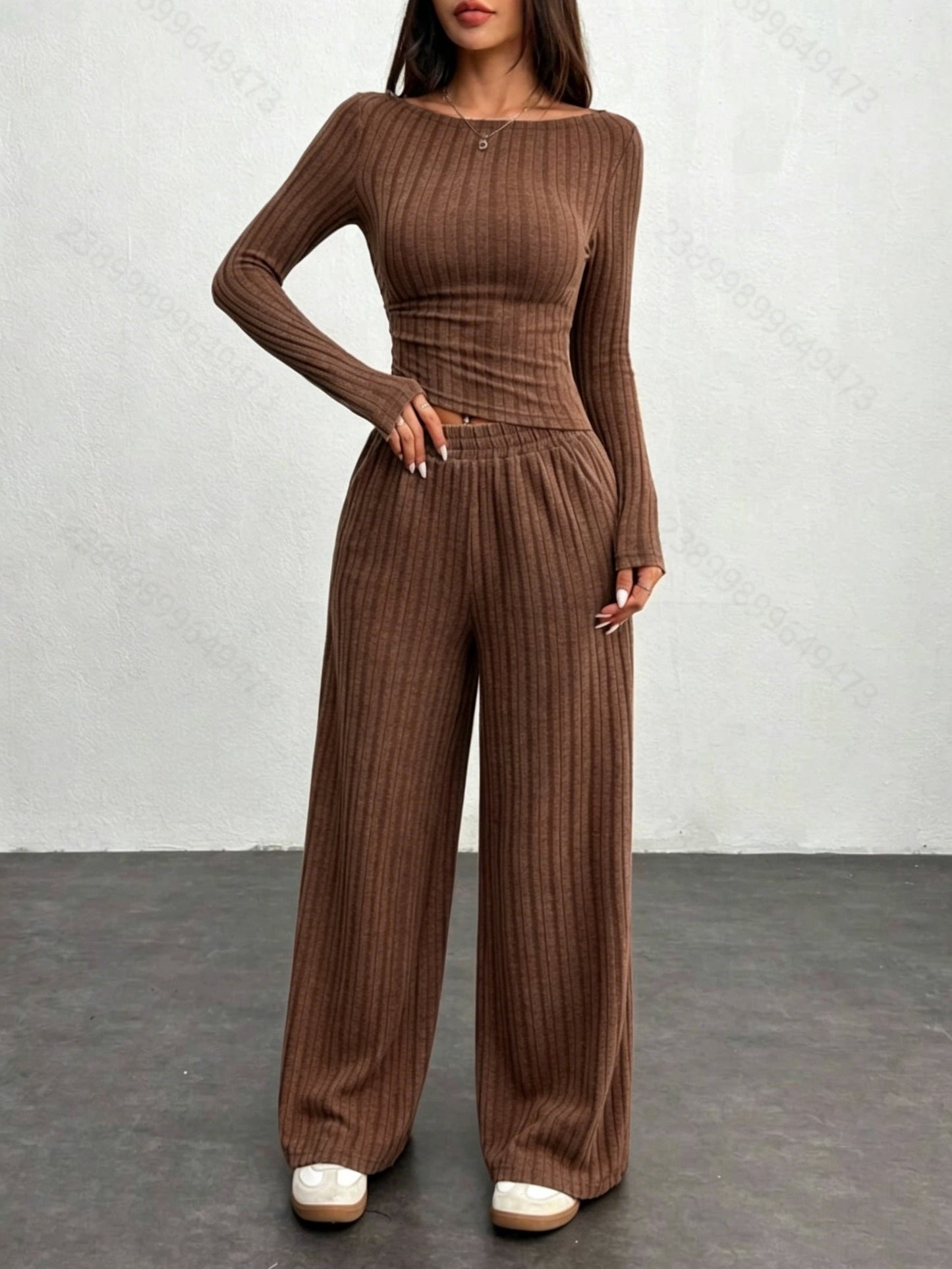 Ensemble côtelé femme 2 pièces pull court et pantalon large gris